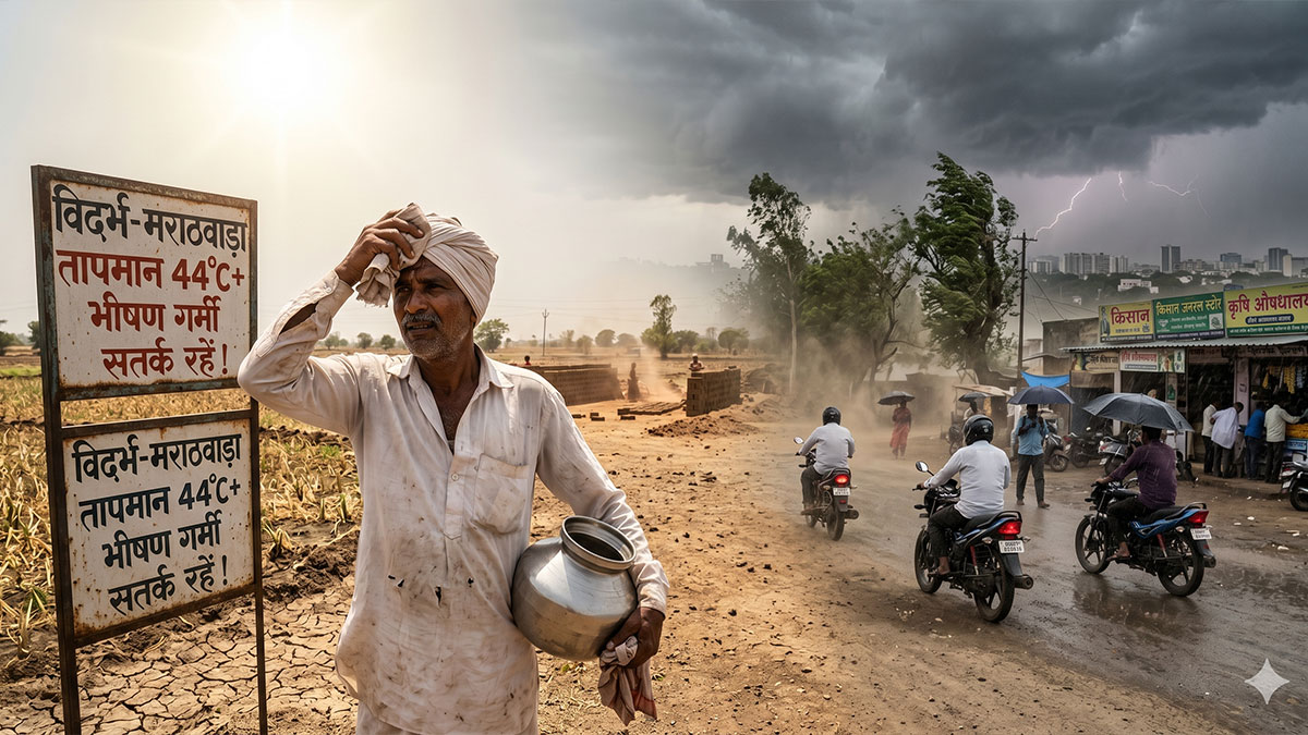 महाराष्ट्र में मौसम का डबल अटैक: विदर्भ-मराठवाड़ा में 44°C के पार पहुंचा पारा, अब बेमौसम बारिश और आंधी का अलर्ट
