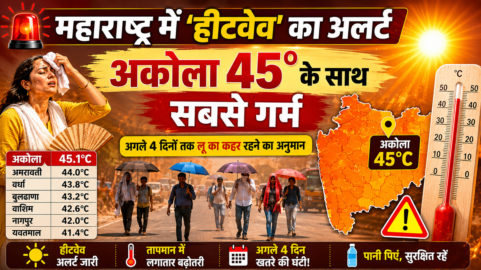 विदर्भ सहित महाराष्ट्र में 'हीटवेव' का अलर्ट: अकोला 45 डिग्री के साथ सबसे गर्म; अगले 4 दिनों तक लू का कहर रहने का अनुमान
