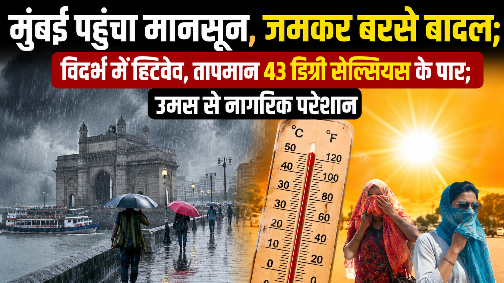मुंबई पहुंचा मानसून, जमकर बरस रहे बादल; विदर्भ में हिटवेव, तापमान 43 डिग्री सेल्सियस के पार; उमस से नागरिक परेशान