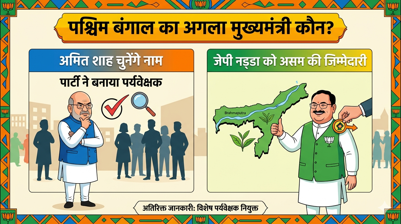 पश्चिम बंगाल का अगला मुख्यमंत्री कौन? गृहमंत्री अमित शाह खुद चुनेंगे नाम , पार्टी ने बनाया पर्यवेक्षक; जेपी नड्डा को असम की जिम्मेदारी