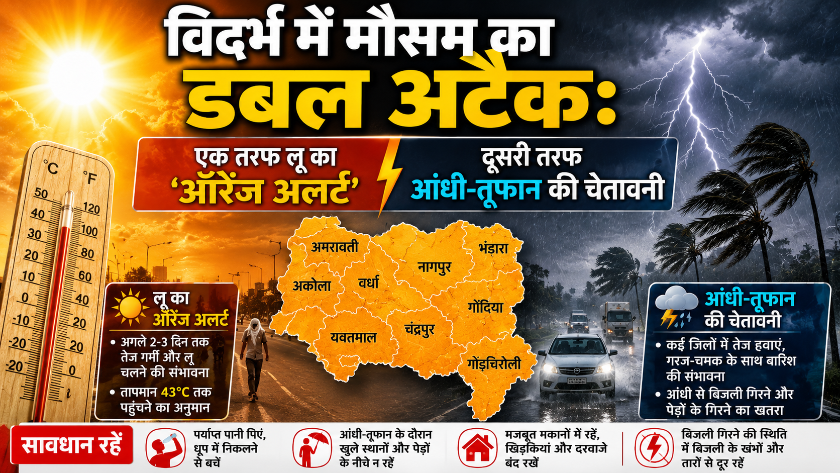 विदर्भ में कुदरत का डबल अटैक: रिकॉर्डतोड़ गर्मी के बीच आंधी-बिजली का हाई अलर्ट, ब्रह्मपुरी 43.2 और वर्धा 43 डिग्री पर झुलसा